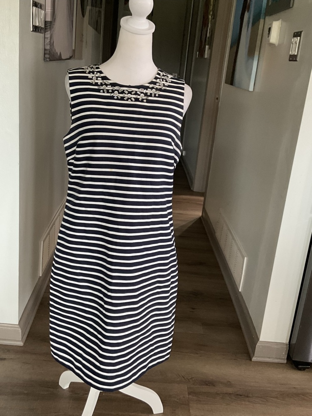J. Crew Navy and White Striped Sleeveless Mini Dress with Beaded Neck